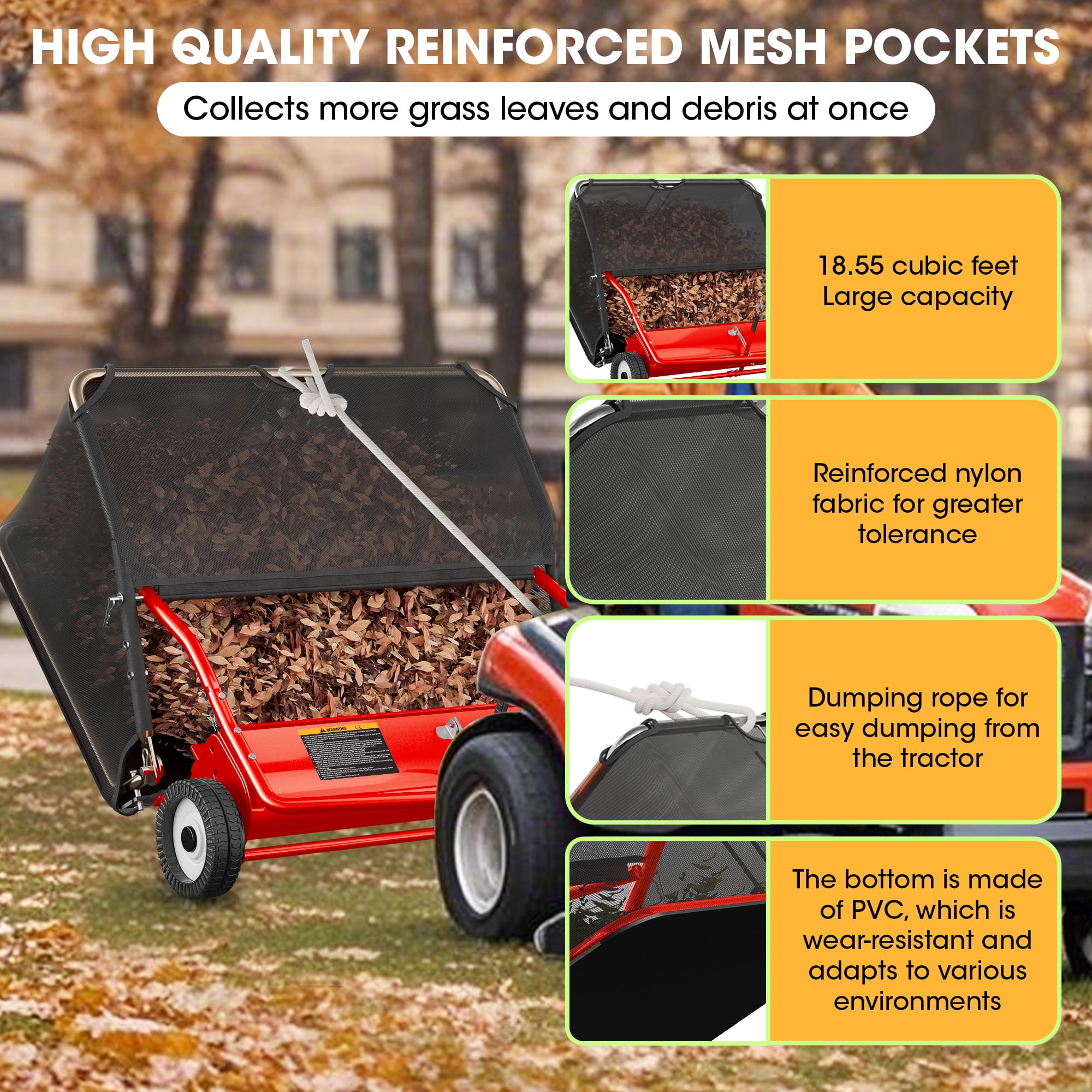 42" Tow-Behind Lawn Sweeper, 18.55 Cu.ft Large Hopper Leaf & Grass Collector, Adjustable Height, Easy Dumping Rope, Heavy Duty Yard Cleanup Tool for Lawn Tractor ATV,Universal Hitch,Red