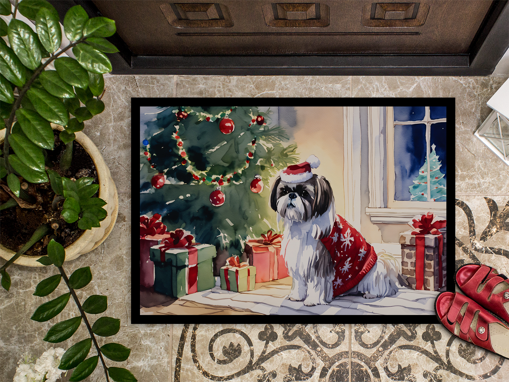 Carolines Treasures DAC2752MAT 0.15 x 18 x 27 in. Shih Tzu Cozy Christmas Doormat