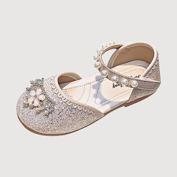Gyujnb Closed Toe Shoes with Flower Rhinestone Pearl Detail, Hook and Loop Strap Casual Shoes (Little Girls, Big Girls),7-8 Years