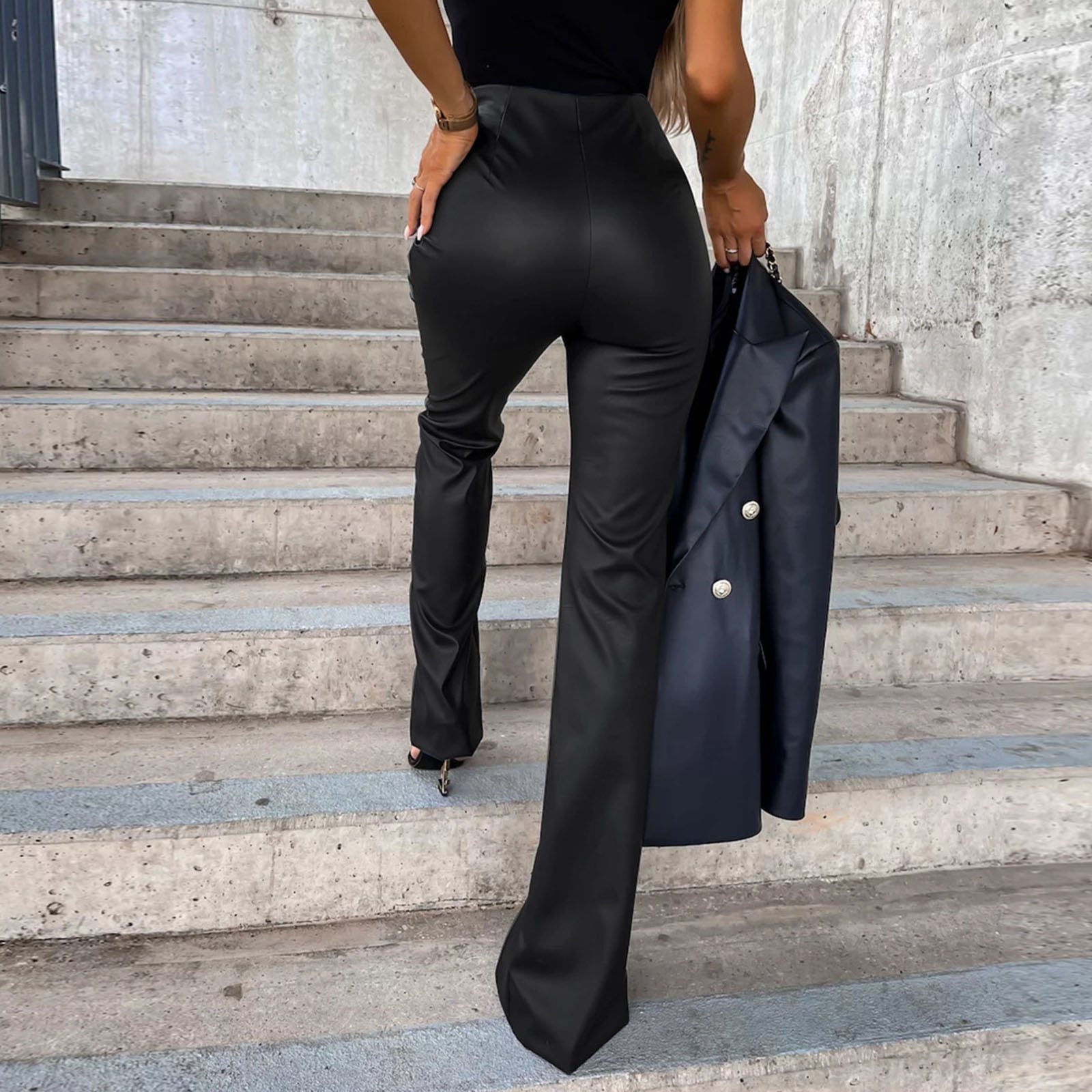 Womens High Waist PU Leather Pants Slim Fitted Flare Bootcut Pants