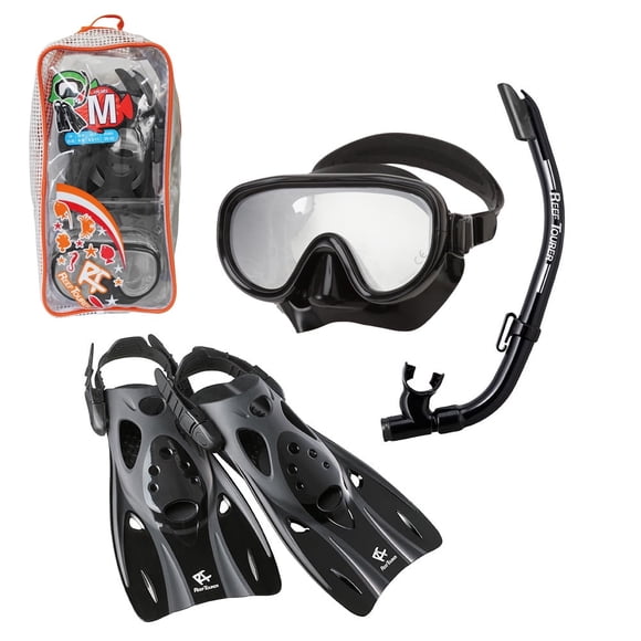 Reef Tourer Máscara, Tubo y Aletas para Adultos de una Sola Ventana con Bolsa de Viaje, Color Negro, Tamaño Grande (9-15)
