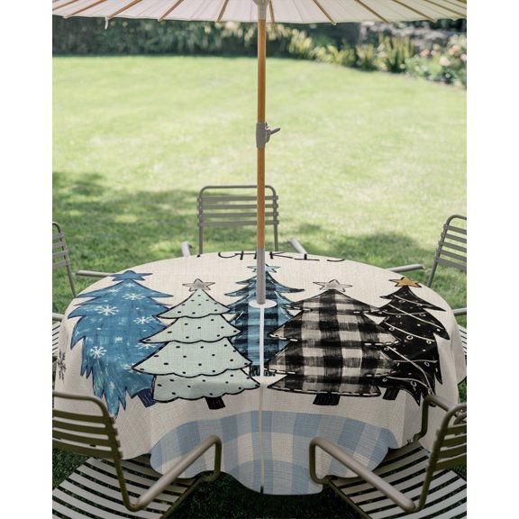 Outdoor Tablecloth with Umbrella Hole, Christmas Trees Winter Snowflakes Zippered Table Cloth for Square Tables, Retro Blue White Check Washable Waterproof Tablecloths for Picnic Patio Garden