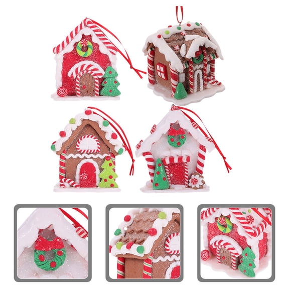 LOLIPPYY 4pcs Mini Gingerbread House Ornaments Soft Clay Christmas Tree Decorations for Holiday Home and Family
