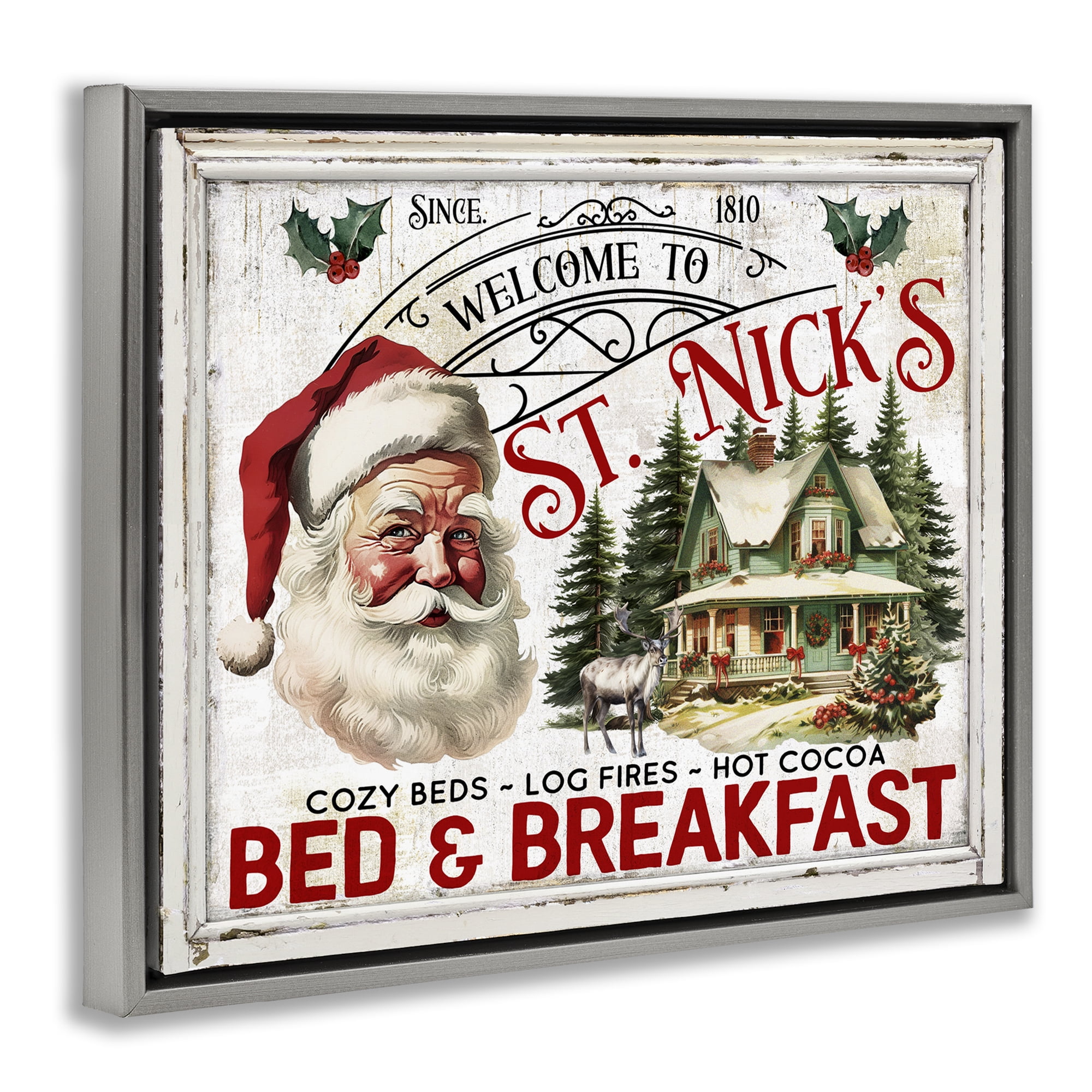 Stupell Industries St Nick's Bed & Breakfast Holiday Painting Gray Floater Framed Canvas Art Prints Wall Art, 31 x 25
