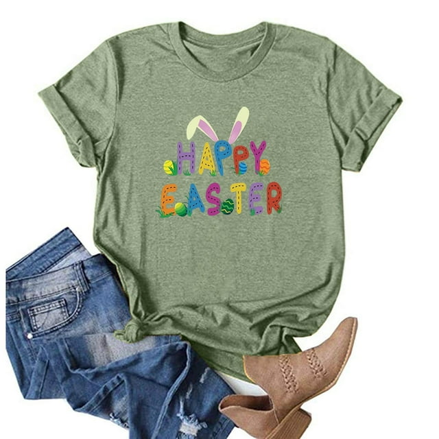 Daisyyozoid Chemise Joyeuses Pâques pour Femmes, Manches Courtes Imprimées, Col Rond, Blouse Ample