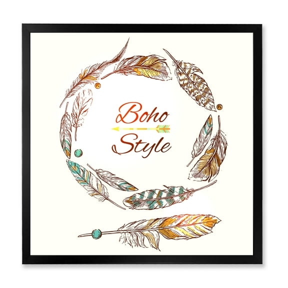 Designart 'Wreath Of Ethnic Beige Boho Feather' Bohemian & Eclectic Framed Art Print