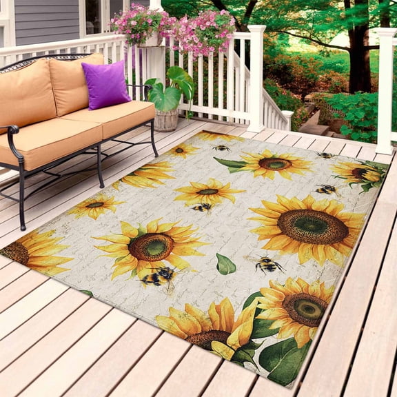 Yellow Sunflowers Outdoor Rug for Patio/Deck/Porch, Non-Slip Large Area Rug 5 x 7 Ft, Summer Farmhouse Retro Beige Indoor Outdoor Rugs Washable Area Rugs, Reversible Camping Rug Carpet Runner
