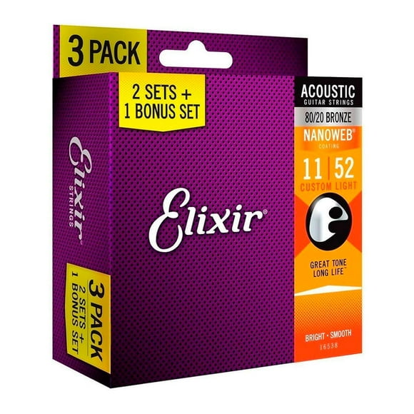 ELIXIR Paquete de 3 Sets de Cuerdas para Guitarra Acústica Nanoweb 16538 dorado oscuro 4.5x12.5x10.5