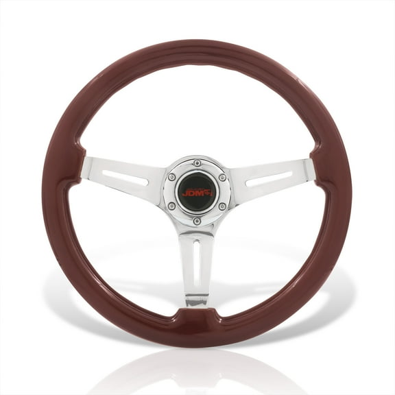 AJP Distributors Universal 14" 350mm 6 Bolts Hole Heavy Duty Steel Steering Wheel Dark Brown Wood Chrome Deep Dish 3 Spokes Light Weight   Horn Button Replacement JDM VIP Sport Grip