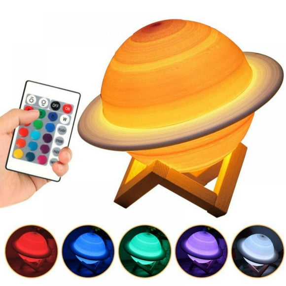 TINKER Saturn Lampe 16 Couleurs LED Impression 3D Décor Étoile Lampe USB Rechargeable Télécommande & Contrôle Tactile avec Support en Bois & Pendaison Net Pépinière Veilleuse pour les Enfants Bébé Ami Amant Anniversaire