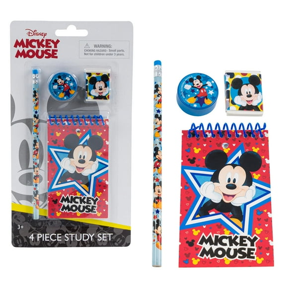 Mickey Mouse 4pc Study Kit- Eraser, Sharpener, 25 sheet memo pad, No.2 lead real wood