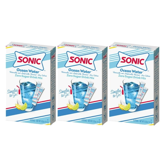 Sonic Singles To Go Powdered Drink Mix, Ocean Water, 6 Sticks Per Box, 3 Boxes Included (18 Sticks Total)
