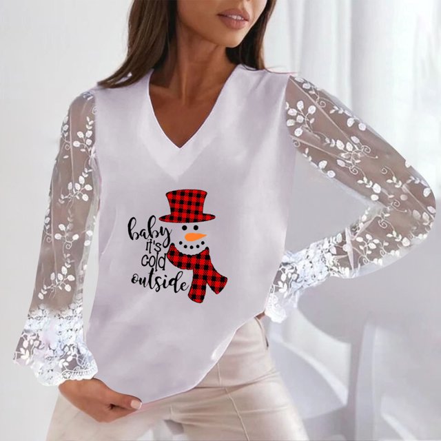 Ichuanyi Liquidación de mujeres Spring V Collar Collar Jacket de encaje Impresión de Navidad e Invierno BLOUNTA ICHUANYI WER202308241008