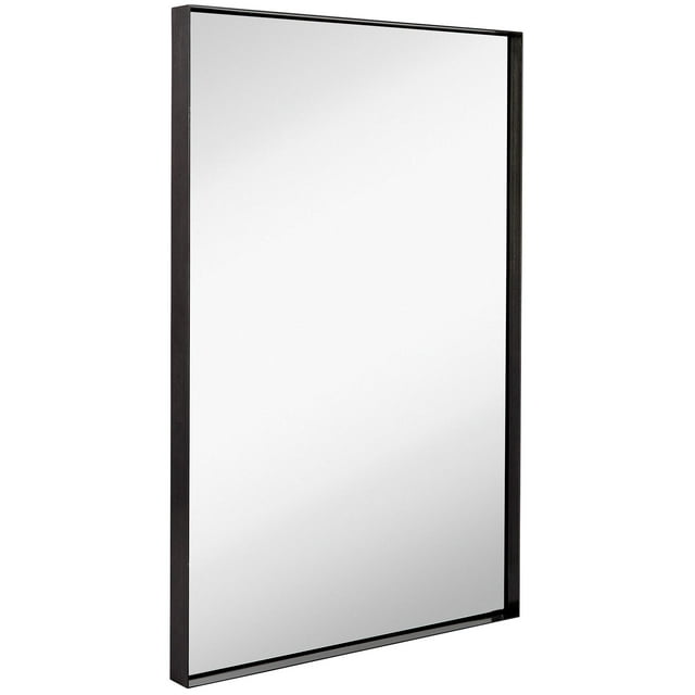 Contemporary Brushed Metal Wall Mirror | Glass Panel Black Framed Squared Corner Deep Set