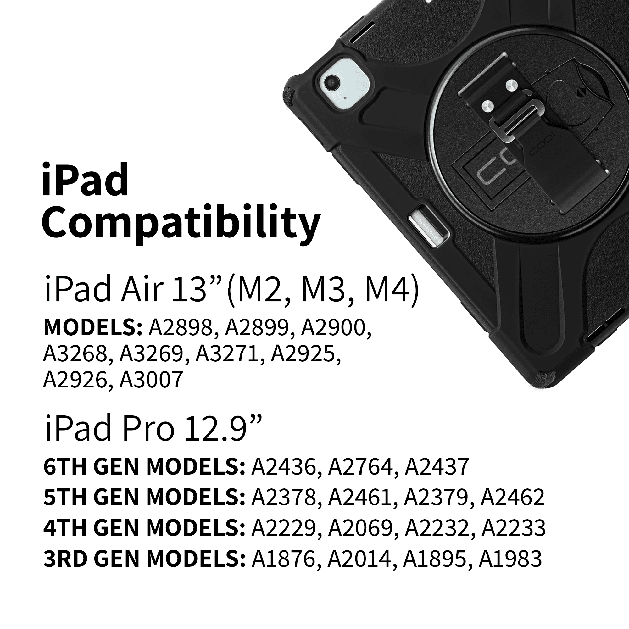 CODi Rugged Case for iPad Air 13" (M2, M3, M4) & iPad Pro 12.9" (3rd-6th Gen) - 360° Protection with Kickstand, Hand Strap, Shoulder Strap & Pencil Holder