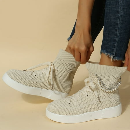 

Christmas Women Lace Up Socks Boots Chain Pearl Round Toe Boots Stilettos Platform Boots Breathable Fashion Women Boots