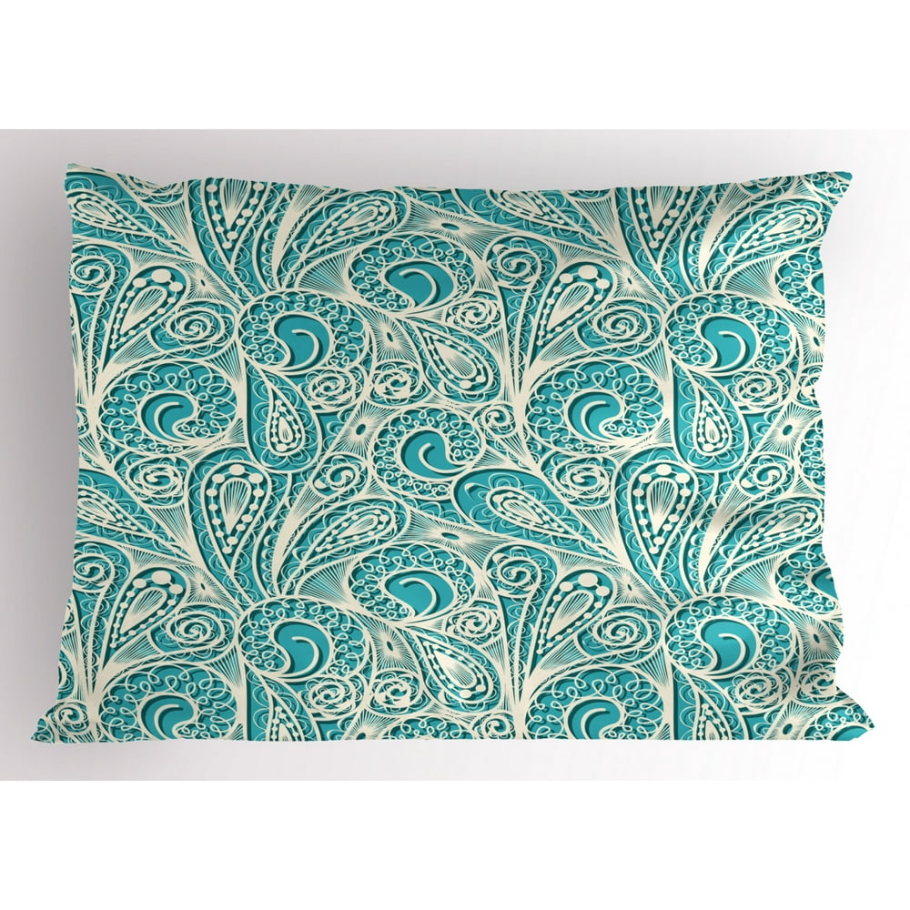 Teal and White Pillow Sham White Lace Style Pattern Feminine Fashion