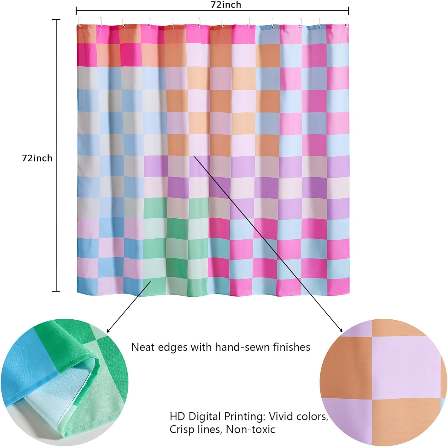 Multicolored Checkered Retro Fabric Shower Curtain for Bathroom, Heavy Duty Pastel Rainbow Colorful Modern Simple Groovy Funky Shower Curtain Set with Hooks Aesthetic Bathroom Decor