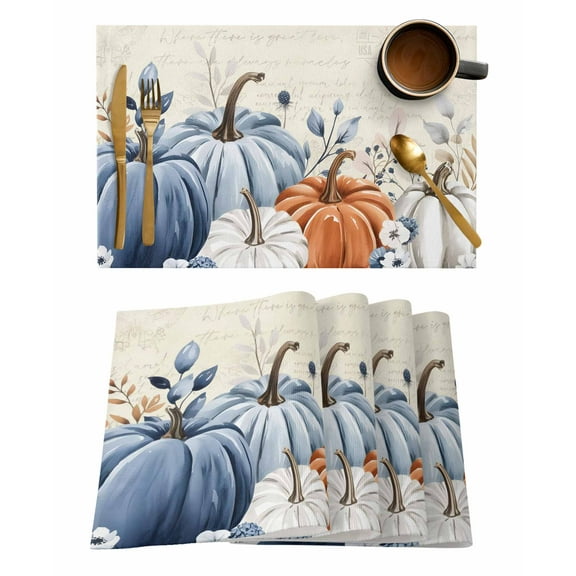 Orange Blue Pumpkin Placemats Set of 6 Eucalyptus Leaves Fall Thanksgiving Heat Insulation Washable Place Mats, Rustic Non-Slip Table Mats for Dining Table Party Kitchen Decor,13x19 Inch