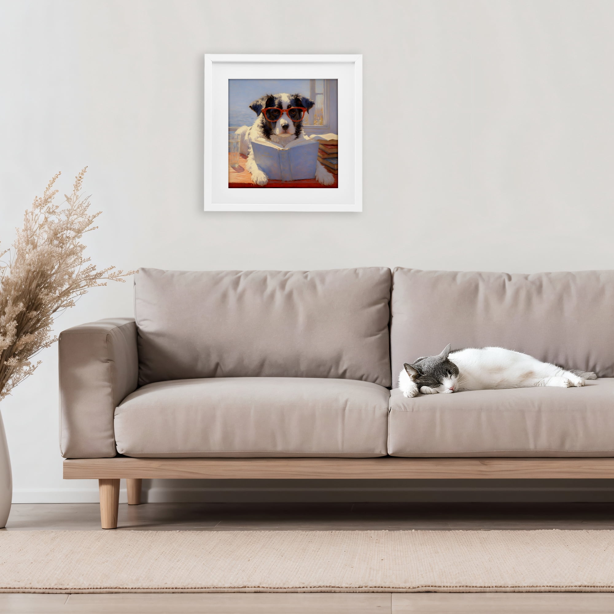 Stupell Industries Sunlit Dog Reading By Window White Framed Print Under Glass, design by Angie Hawke