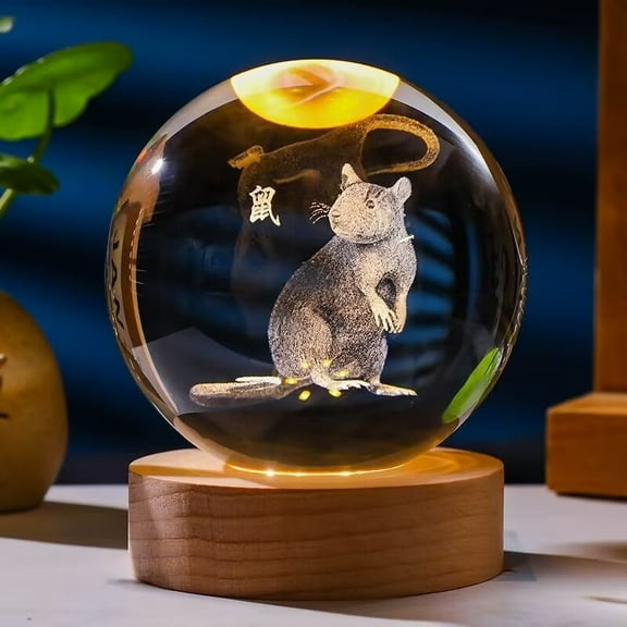 3.14in 3D Mouse Crystal Ball Engraved with WoodenBase, Figurines Gift for Men Women Glass Decor Ball for Home Decor
