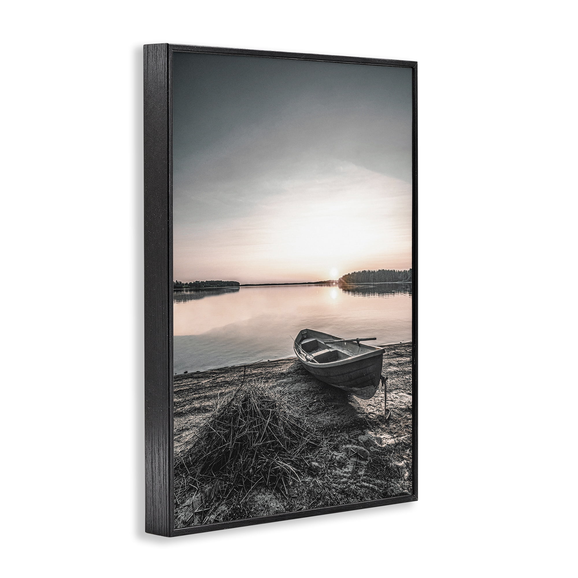 Stupell Industries Deserted Canoe on Shore Landscape Photography Black Framed Art Print Wall Art, 12 x 18