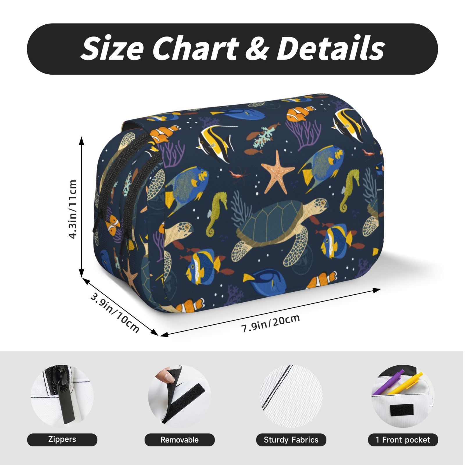 Rateoe Undersea Animals Pattern Double Clamshell Pen Case, Storage Organizer with Two Zipper Compartments– Holds Up to 50 Pencils & Pens