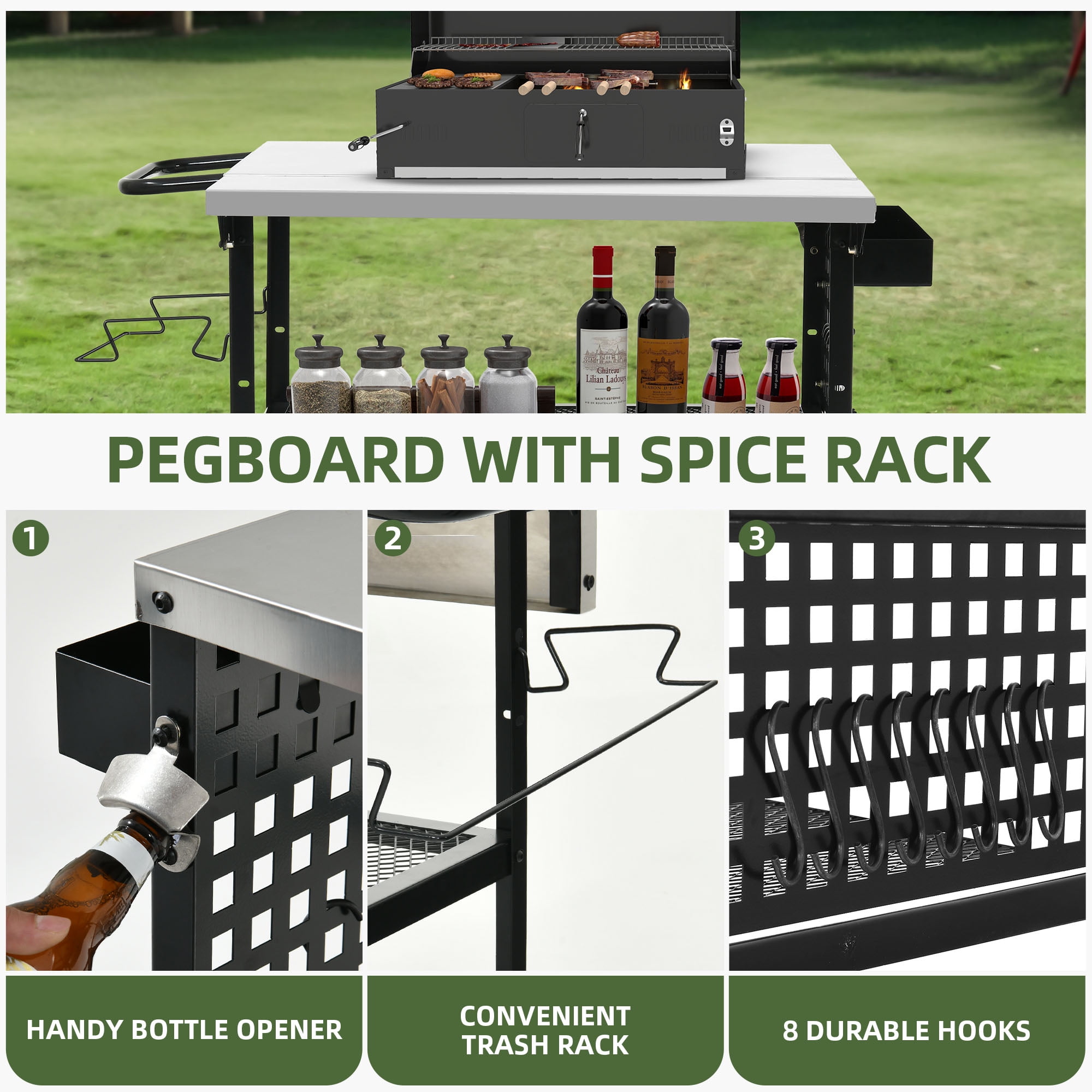 Uforic 3-Tier Grill Cart with Drop Leaf, Outdoor Island Table with Wheels & Hooks, Black