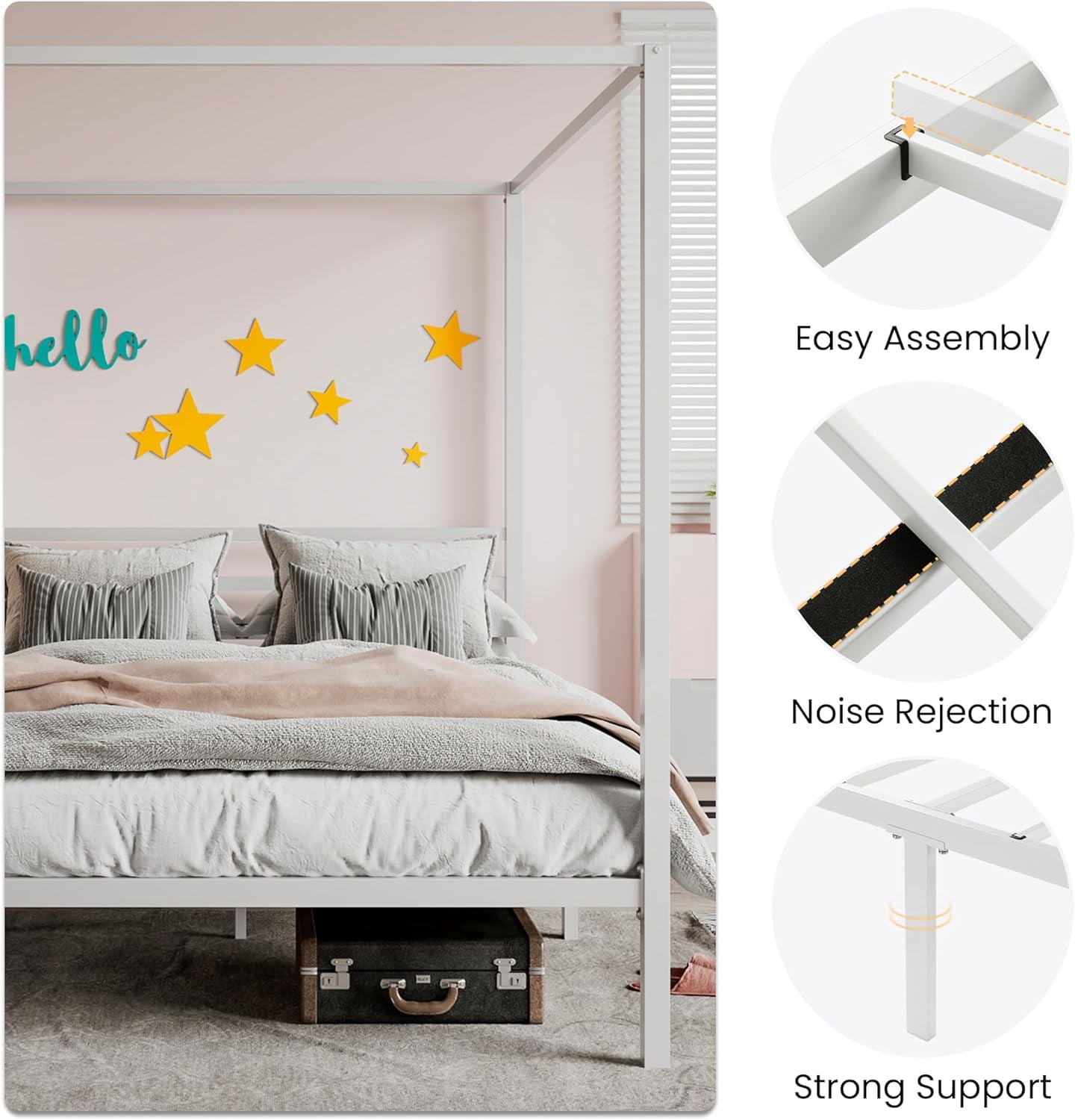 SHA CERLIN Queen Size Canopy Bed Frame with Metal Slats Support, White