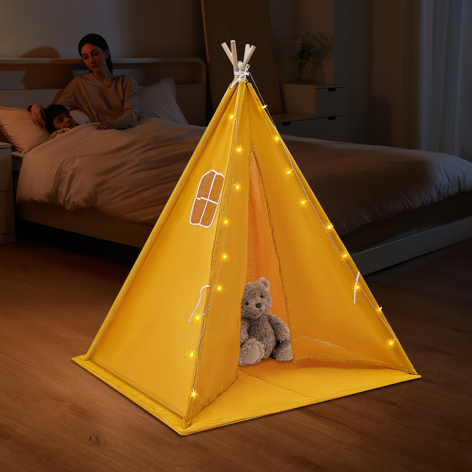 Kids Tent with String of Lights&Window&Floor Mat , Yellow, Camping Tent for 1-3 Kids(Aged 1-12)