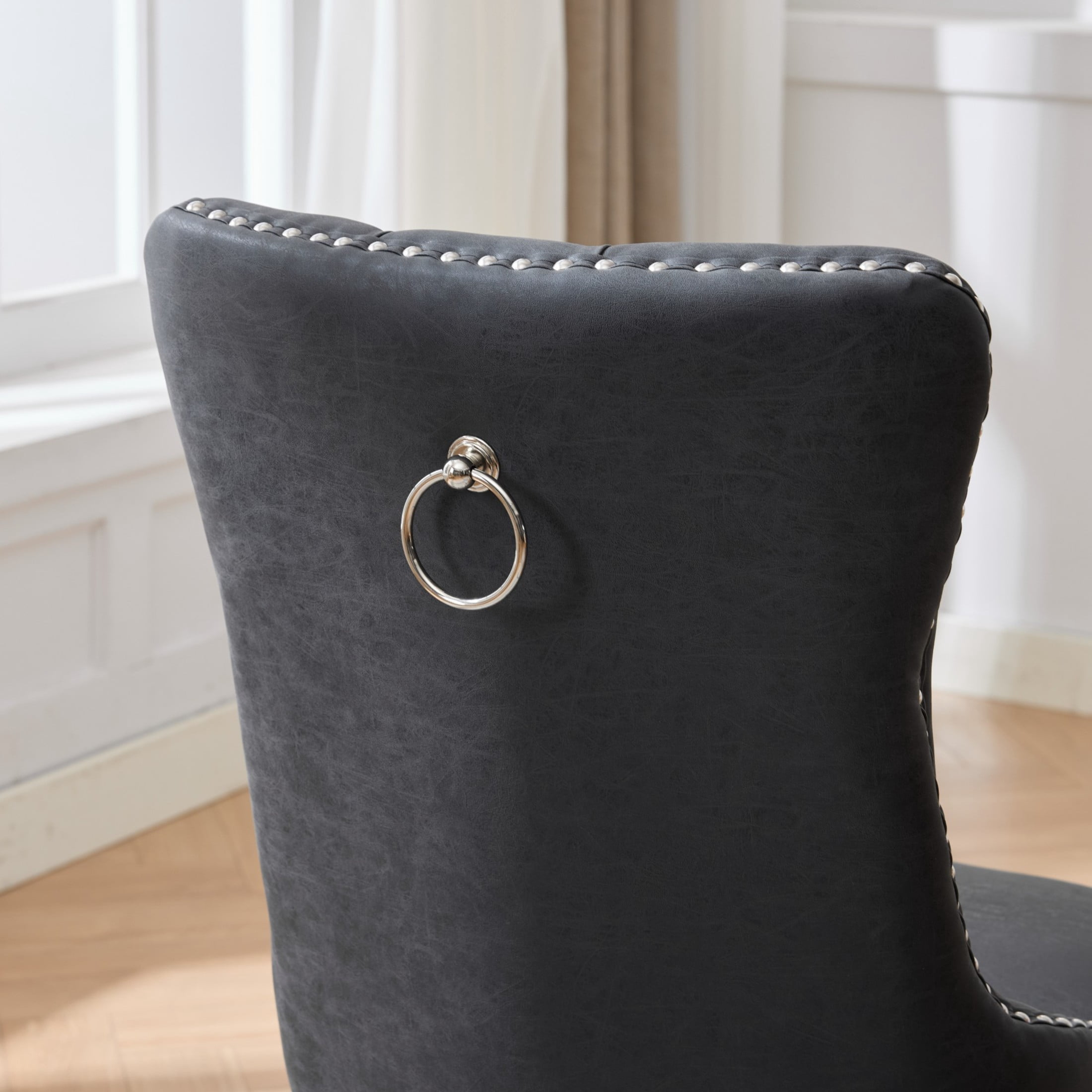 GDF Studio 24.4" Vintage Dining Chairs Set of 2 with PU Upholstery, Button-Tufted High Back, Charcoal Black