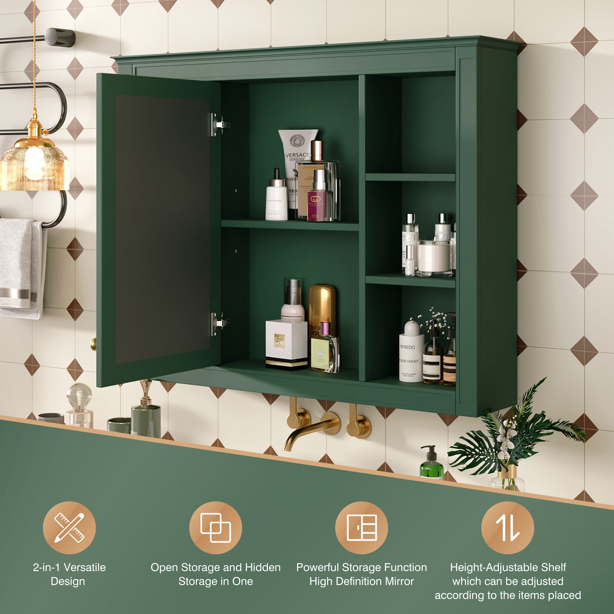 Euroco Wall Mounted Bathroom Mirror Cabinet – Triple Door Vanity Storage with Concealed Shelves, Modern Design, Durable Construction, Easy Assembly