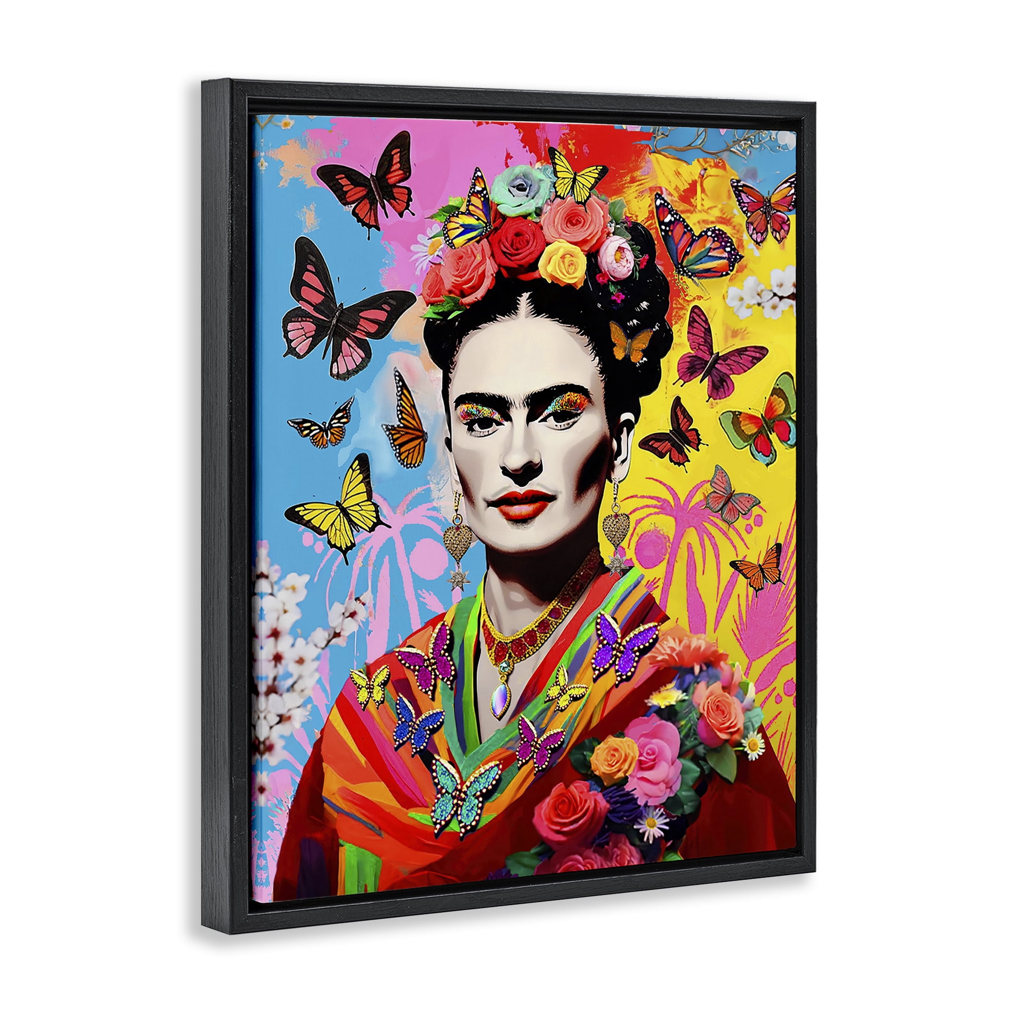 Stupell Industries Eccentric Butterflies Frida People Painting Black Floater Framed Canvas Art Print Wall Art, 25 x 31