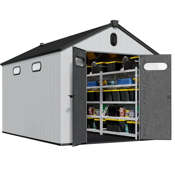 8 ft x 12 ft Plastic Storage Shed with Floor, Resin Shed with Window and Lockable Door for Garden, Backyard, Tool Storage Use, Easy to Install for Lawn Equipment, Black Gray