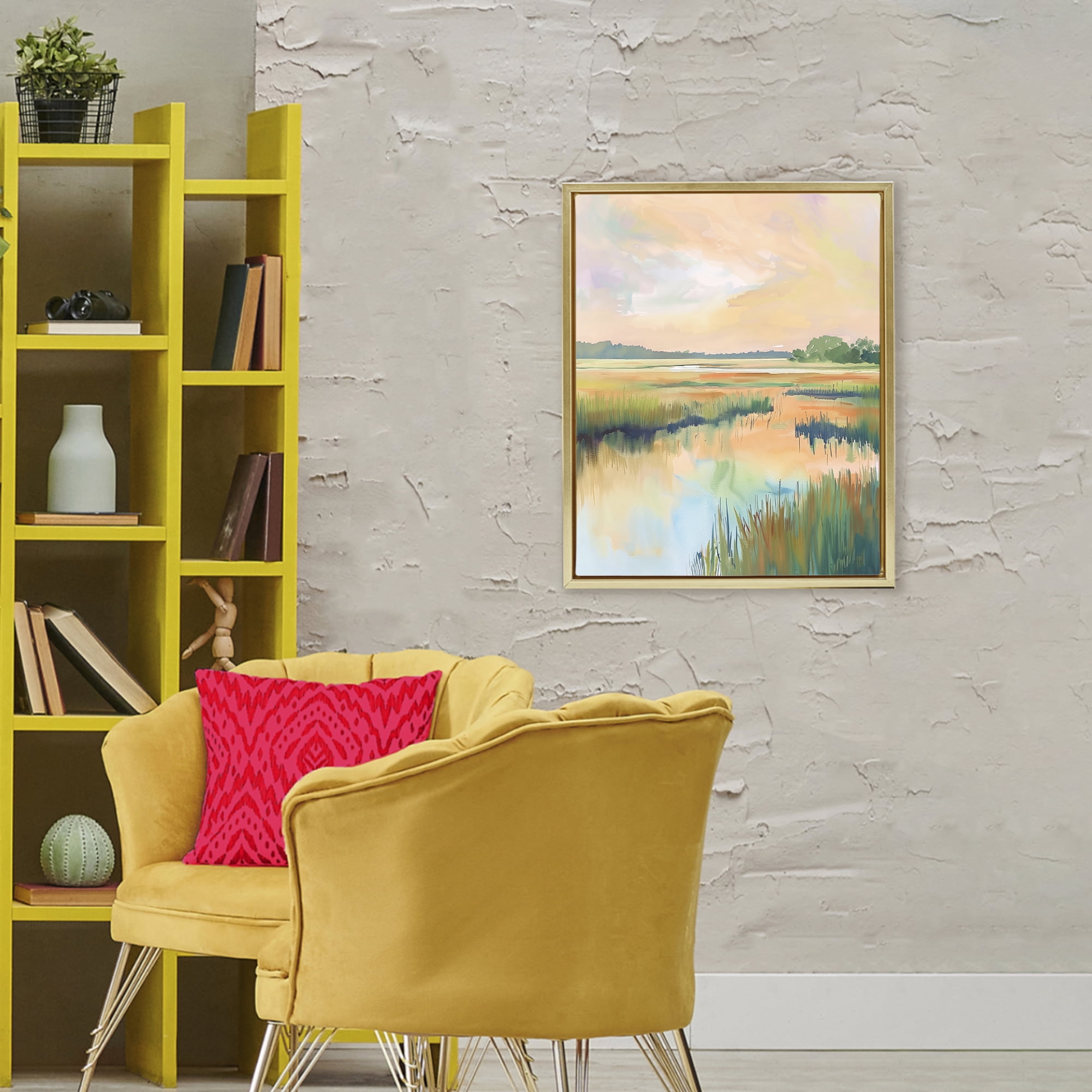 Stupell Industries Marsh Sunset over Tranquil Stream Gold Framed Floater Canvas Wall Art, design by LSR Design Studio