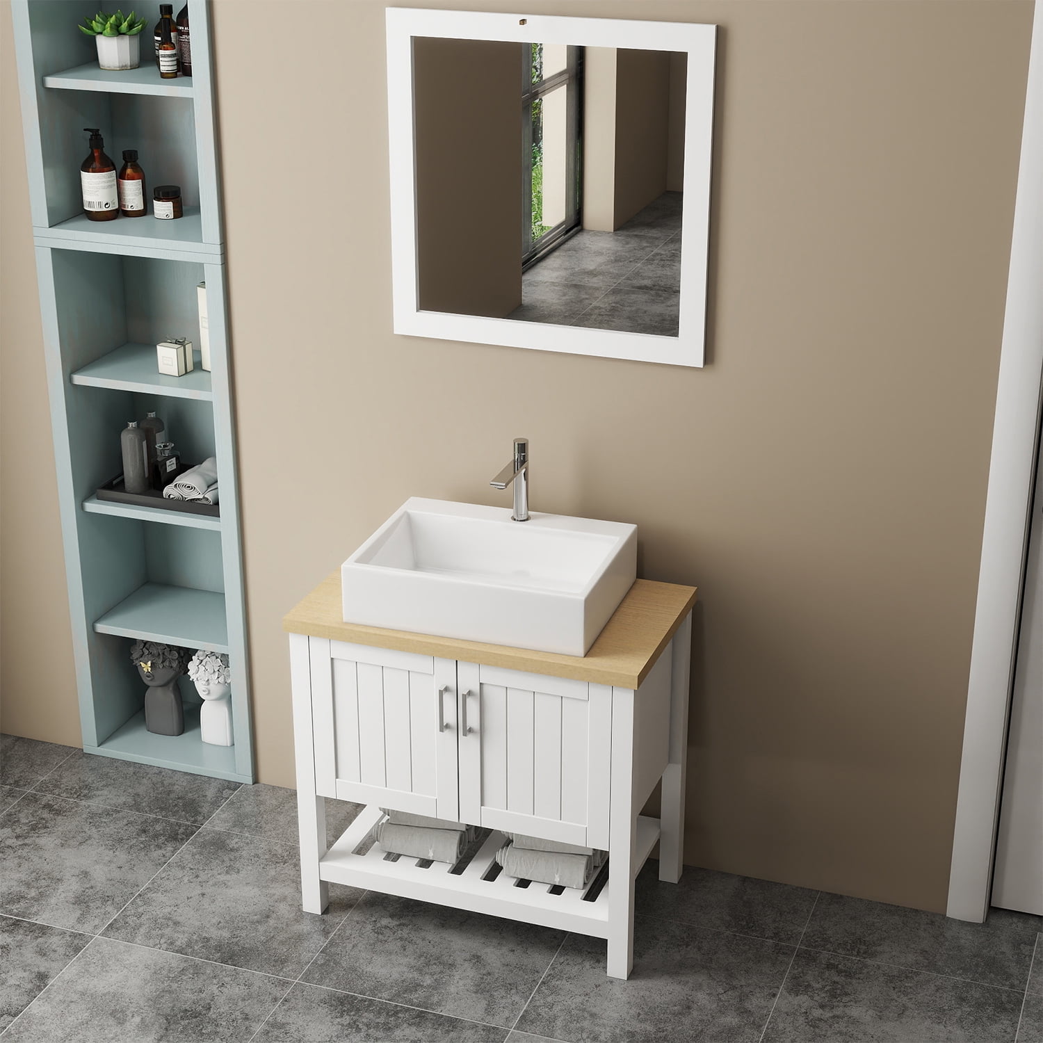 Demi Bonn 32" Bathroom Vanities Cabinet with Sink, Doors, Open Shelf and Mirror, Single Bathroom Vanity Cabinet, Faucets and Drains Not Included, White