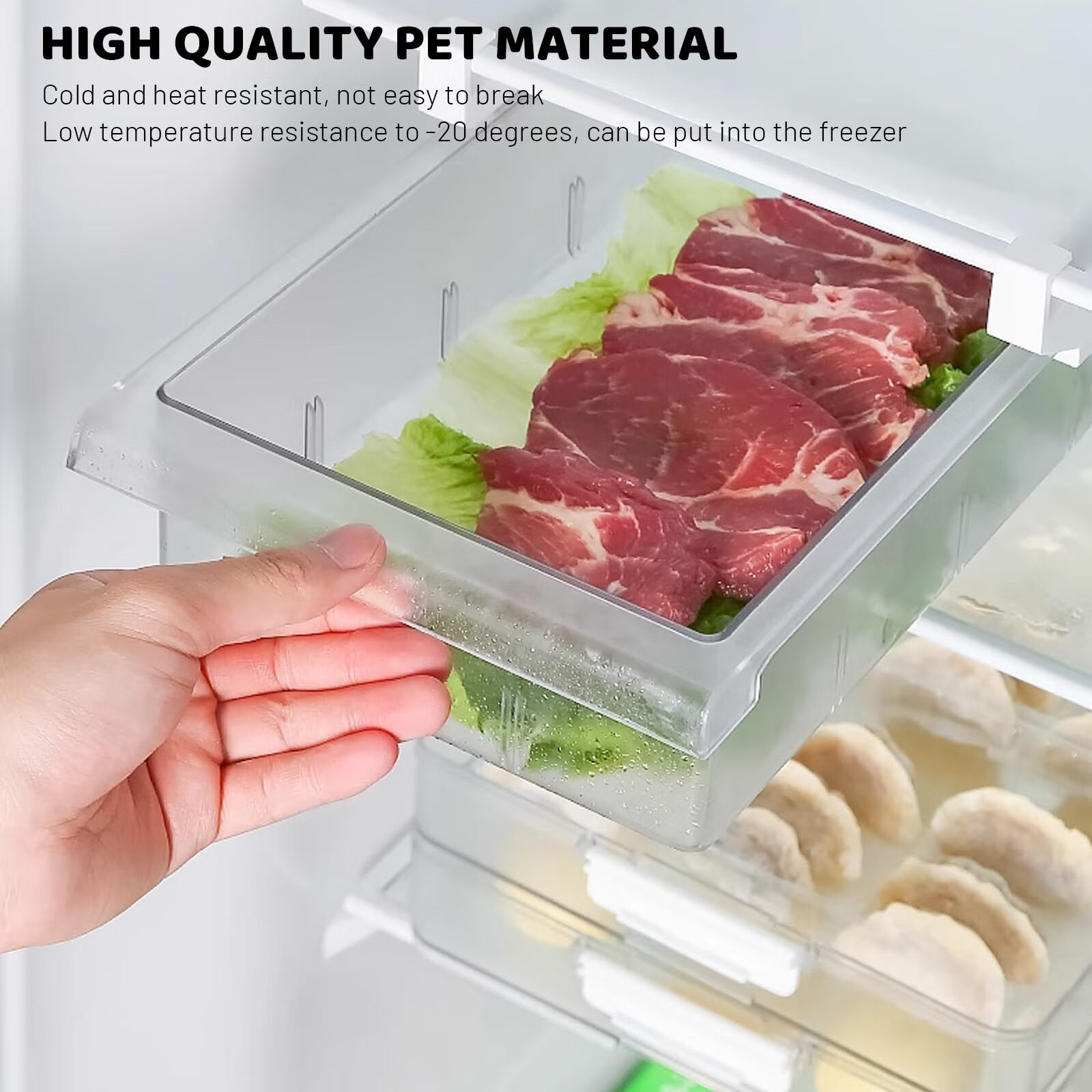 Fridge Organizer Drawer, Refrigerator Drawer Organizer, Pull Out with Handle,Pull Out Shelf Storage Transparent Organizer for Egg,Fruit,Vegetable,Seafood,Beef-4 compartments