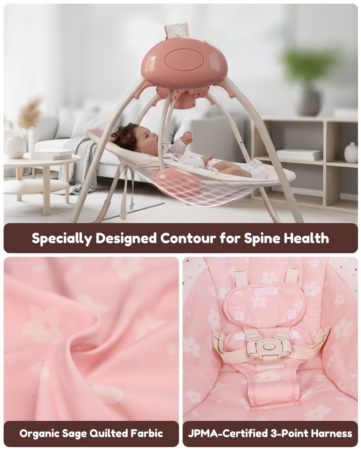 Tiny Marvels Deluxe Cozy Portable Baby Swings for Infants,Adaptable Speed,Music,Removable-Toy-Bar,Age 0-9 Months(Blush Bloom)