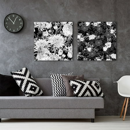 Squares Giclee Set - wall26-2 Panel Square Canvas Wall Art - Floral Pattern in Black and White - Giclee Print Gallery Wrap Modern Home Decor Ready to Hang - 16