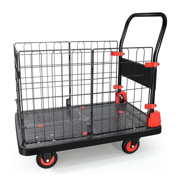 Foldable Push Cart Dolly, 660 Lbs Capacity Heavy Duty Platform Truck With Wheels, Removable Fence, Fully Folded Compact Push Cart for Household Industrial
