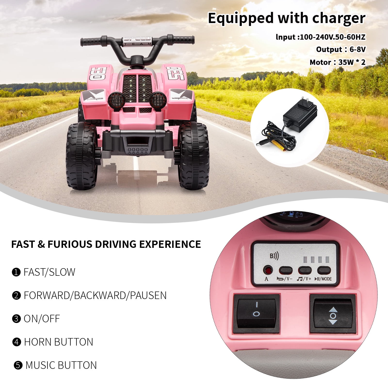 Roromall 6V Kids ATV 4-Wheeler Ride On Car, Electric Motorized Quad Battery Powered Vehicle with Forward/Reverse Switch for 3+ Years Old