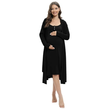 

Womens Maternity Nursing Nightgown and Robe Set 2 Piece Nursing Nightgown for Breastfeeding 3 in 1 Labor Delivery Sleeveless Dress and Robe Sets Black 3XL