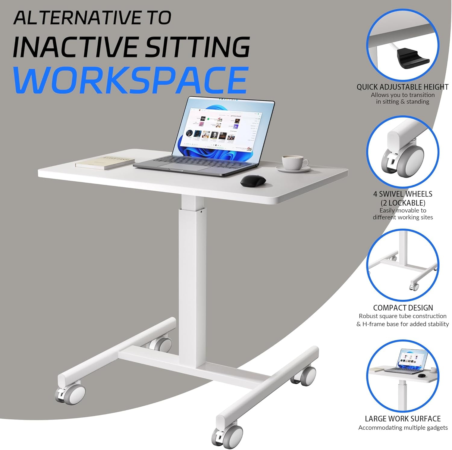JessieMal Mobile Laptop Standing Desk Adjustable Height, Small Mobile Desk Workstation with Wheels, Portable Rolling Computer Desk Cart for Home Office Classroom (White)