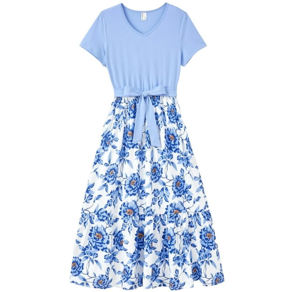 PatPat Summer Dresses for Women Casual Floral Sundress V Neck Short Sleeve Belted Vacation Midi Dresses, Blue M