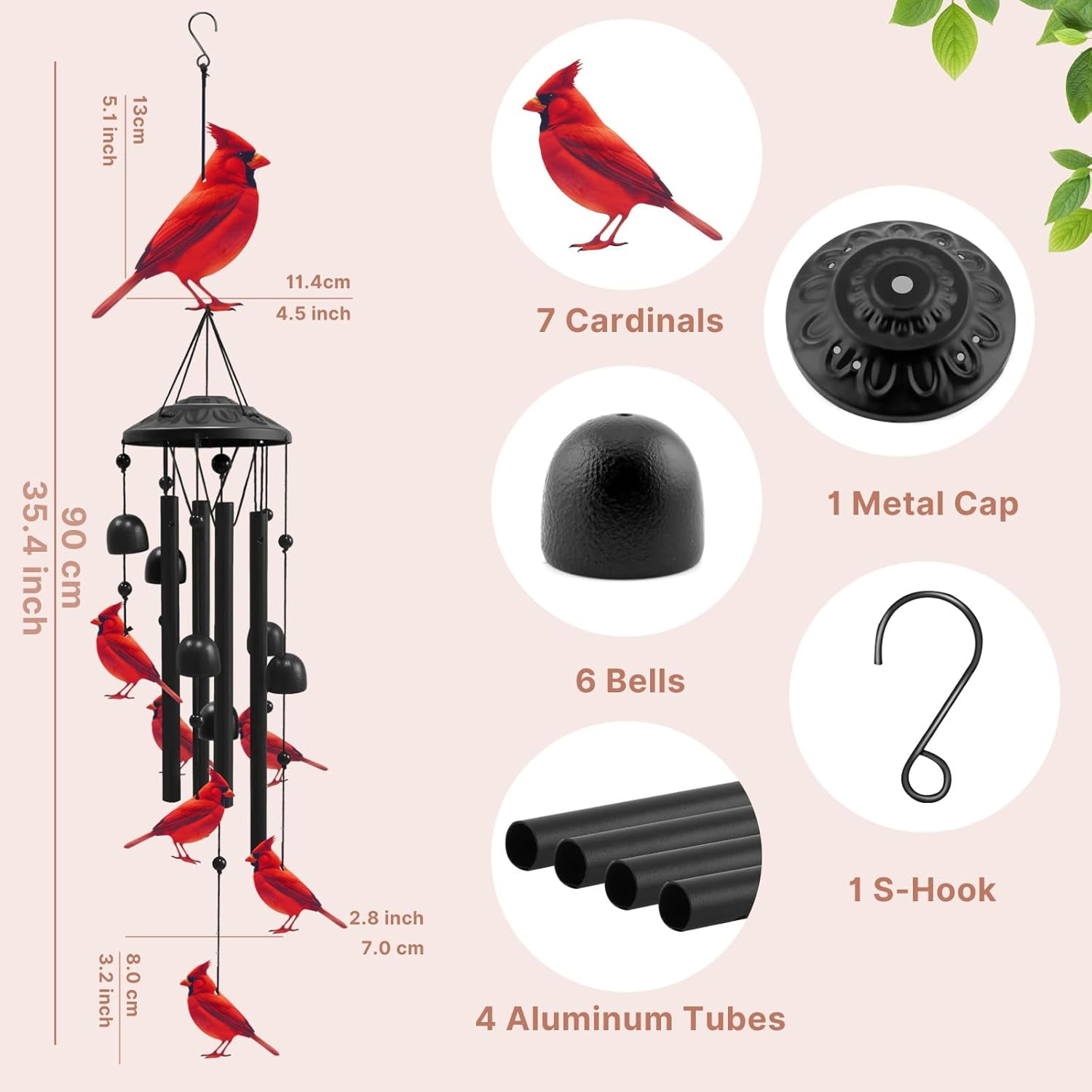Cardinal Wind Chime for Outside 35.4", Black Metal Outdoor Windchime, Yard Decor Memorial Sympathy Gifts