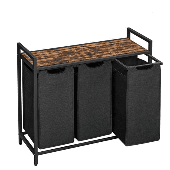 Laundry Hamper, Laundry Basket, Laundry Sorter with 3 Pull-Out and Removable Bags, Shelf, Metal Frame, 3 x 10 Gallons (38L), 36.4 x 13 x 28.4 Inches, Rustic Brown and Black UBLH301B01