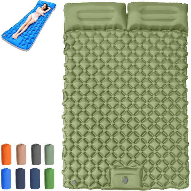 Coziya Matelas, Matelas de Camping Gonflable Ultraléger 5cm, Matelas de Couchage Gonflable avec Oreiller Intégré, Design Antidérapant pour Randonnée, randonnée, Voyage (Vert Clair, Double)