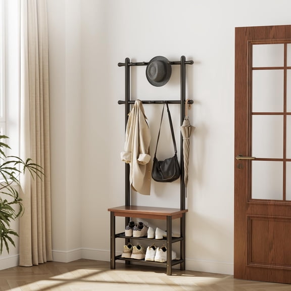 60 Hall Tree with Bench, Wood & Metal Coat Rack, 11 Hooks, 2-Tier Shoe