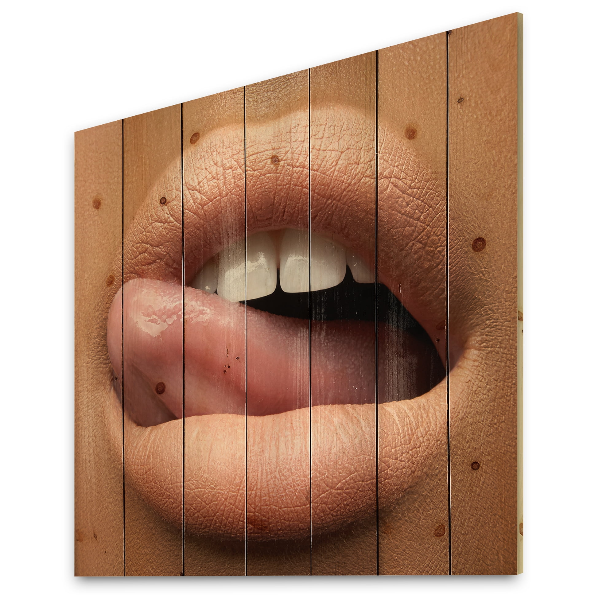 Designart 'Beautiful Dark Skinned Female Tongue Touching Lips' Modern Print on Natural Pine Wood