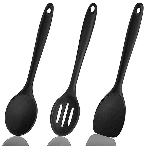 3-piece silicone mixing spoon set, silicone scraper set, silicone cooking spoon set, mixing spoon colander, 500°F heat-resistant and non-stick, silicone scraper kitchen gadgets (black)